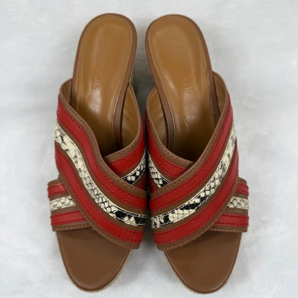 Coach Red Snakeskin Striped Espadrille Wedge Platform Sandals Slides 8.5‎ READ